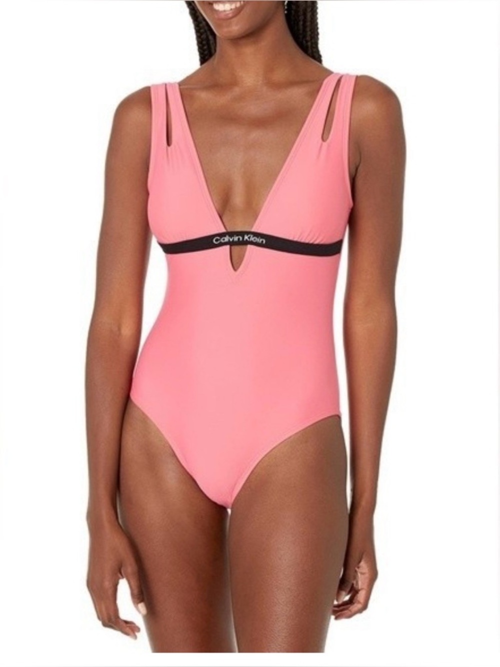 Calvin Klein Coral-Pink One-Piece Swimsuit with Black Logo Band